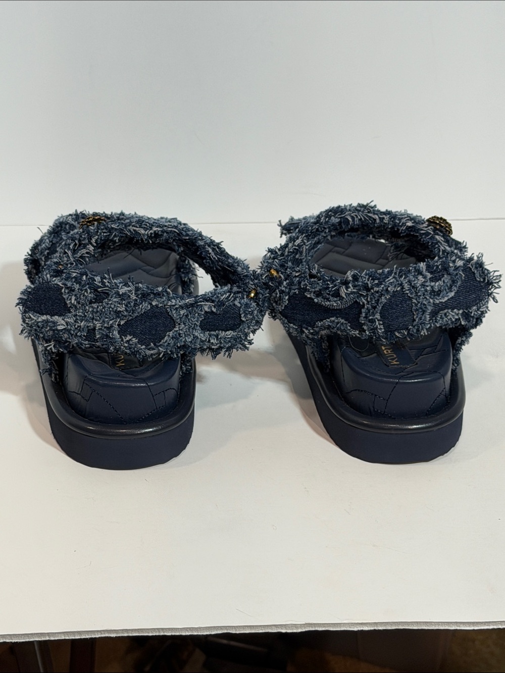 Kurt Geiger London Orson Frayed Navy Denim Eagle Head Quilted Platform Sandals - Picture 5 of 6